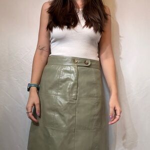 FRNCH Olive Green Faux Leather Midi Skirt with Buttoned Waist